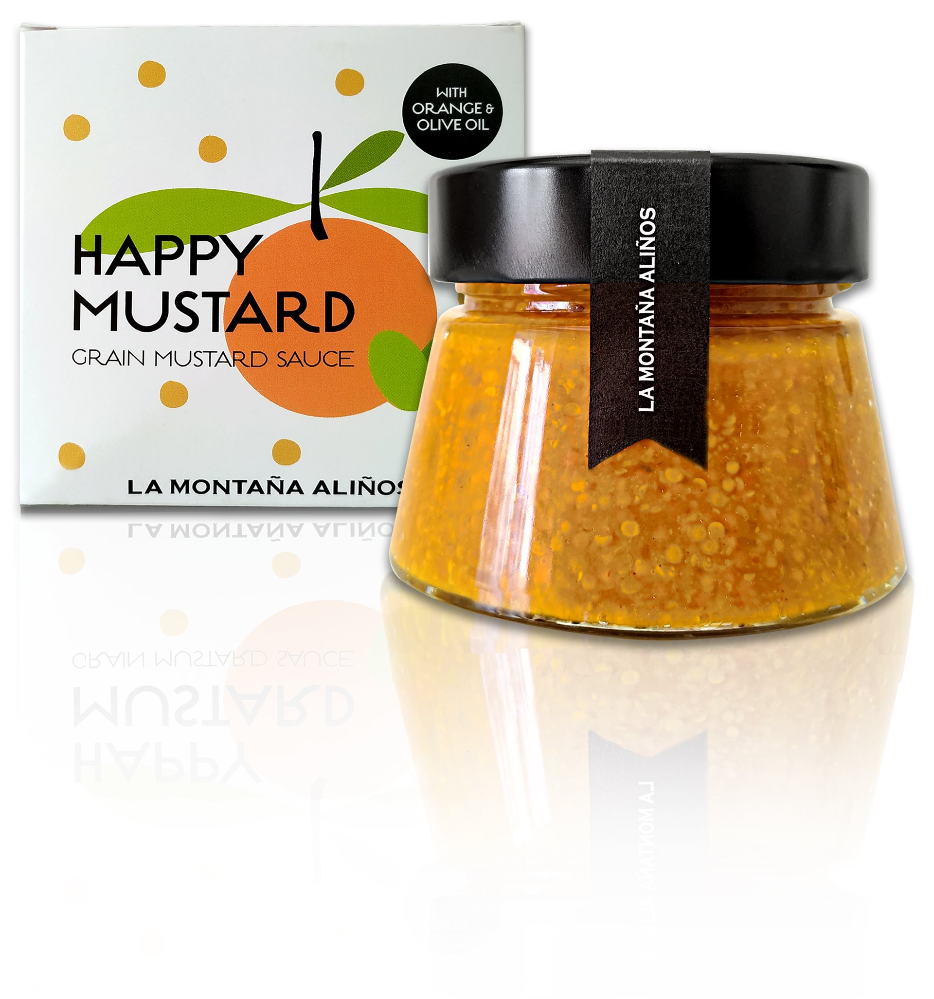 Happy Mustard: Mostassa groga en gra amb amaniment de taronja i oli d'oliva